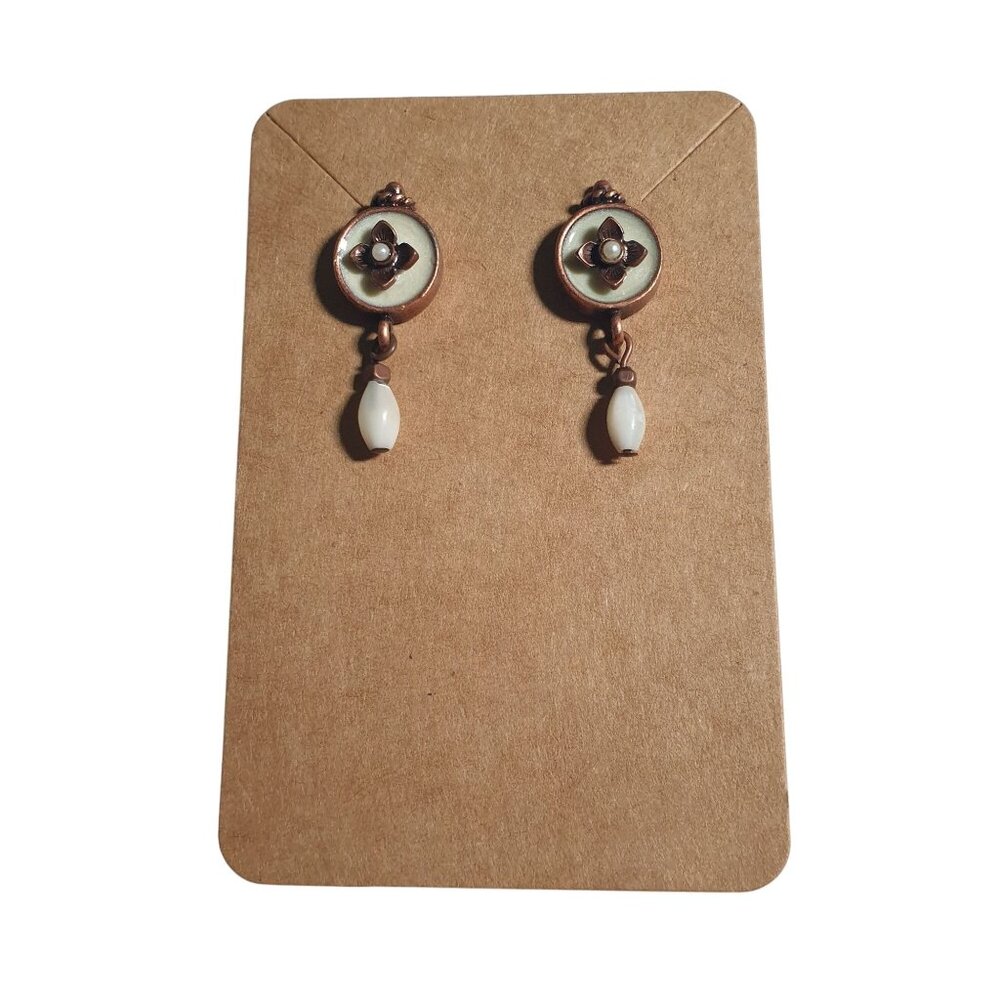 Vintage Copper Round Floral Dangle Earrings Faux Pearl Accents Retro Mom Gift